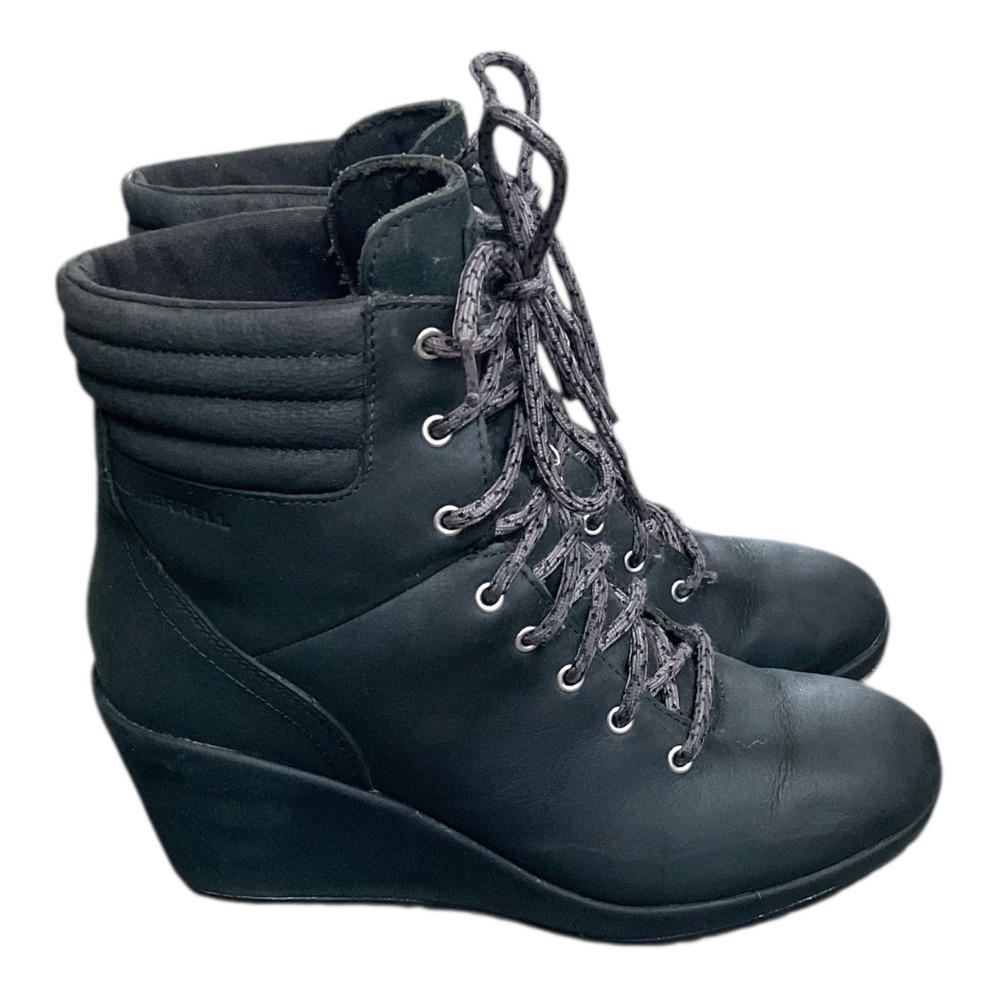 Merrell Women's Tremblant Black Wedge Lace Up Waterproof Bootie boots‎ Size 8
